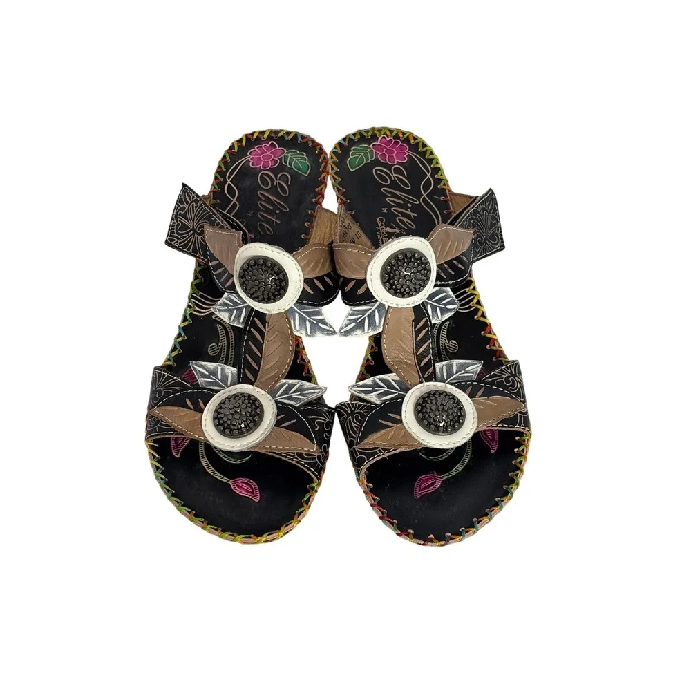 Elite‎ by Corkys Cactus Floral Leather Wedge Sandals Black Art US 9 EU 39